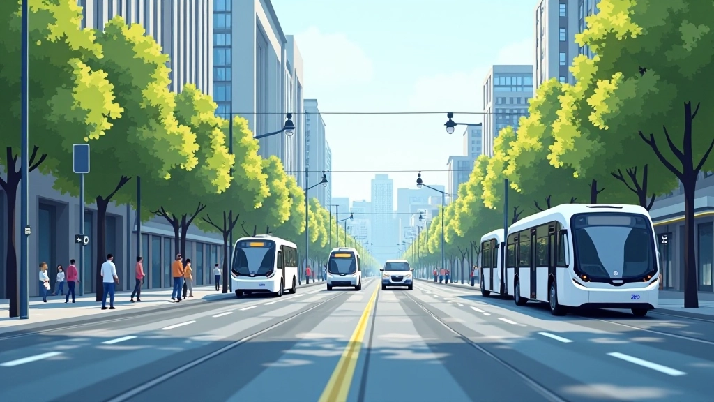 Ateities miesto gatvė su autonominiais autobusais, taksi ir sunkvežimiais, žmonės keliavoja saugiai, švari aplinka, efektyvus transportas
